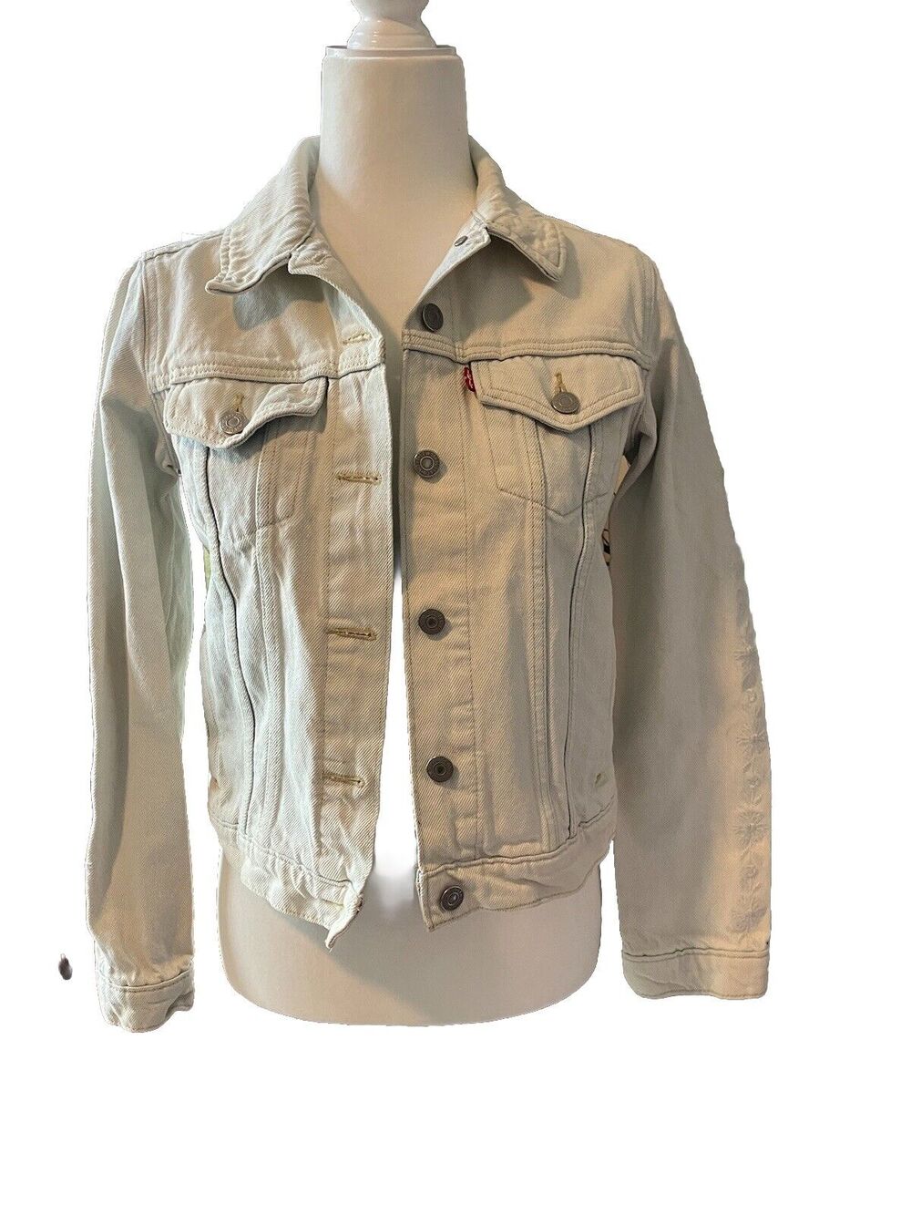 Levi's Women Jacket Sz Small Light Faded Blue Trucker Denim Embroidery Sleeves